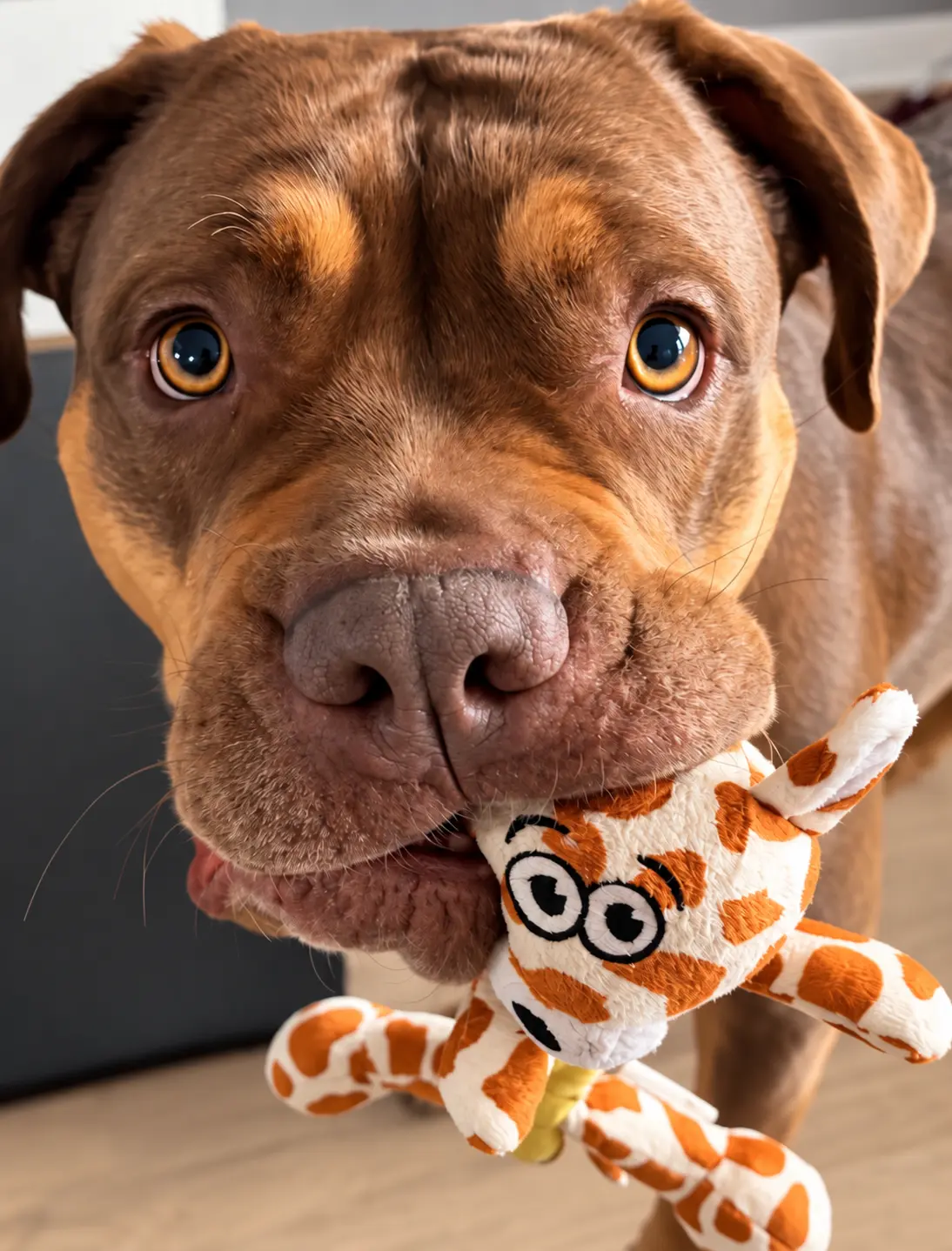 Cookie, die American-Bully-Hündin von Vanessa, mit ihrem Giraffen-Kuscheltier